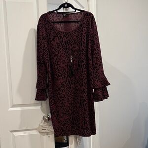 Tacera Burgundy Leopard Print Long Sleeve Dress